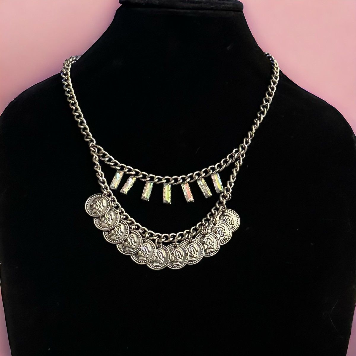 Other Silver tone draped coins and Aurora Borealis stones necklace Size ONE SIZE - 1 Thumbnail