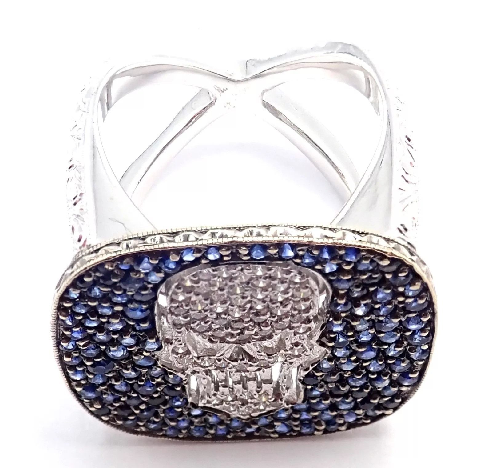 Vintage Loree Rodkin 18k White Gold Diamond Sapphire Skull Ring Size ONE SIZE - 9 Thumbnail