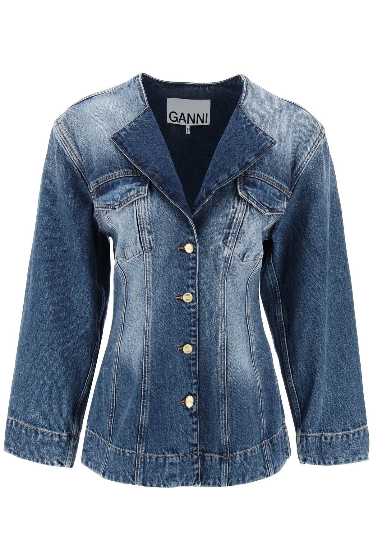 image of Ganni "denim Blazer With Sparkle in Blue, Women's (Size XS)