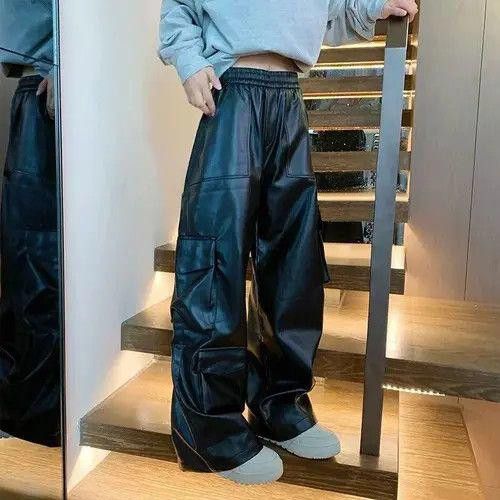 Faux Leather Cargo Black Jeans