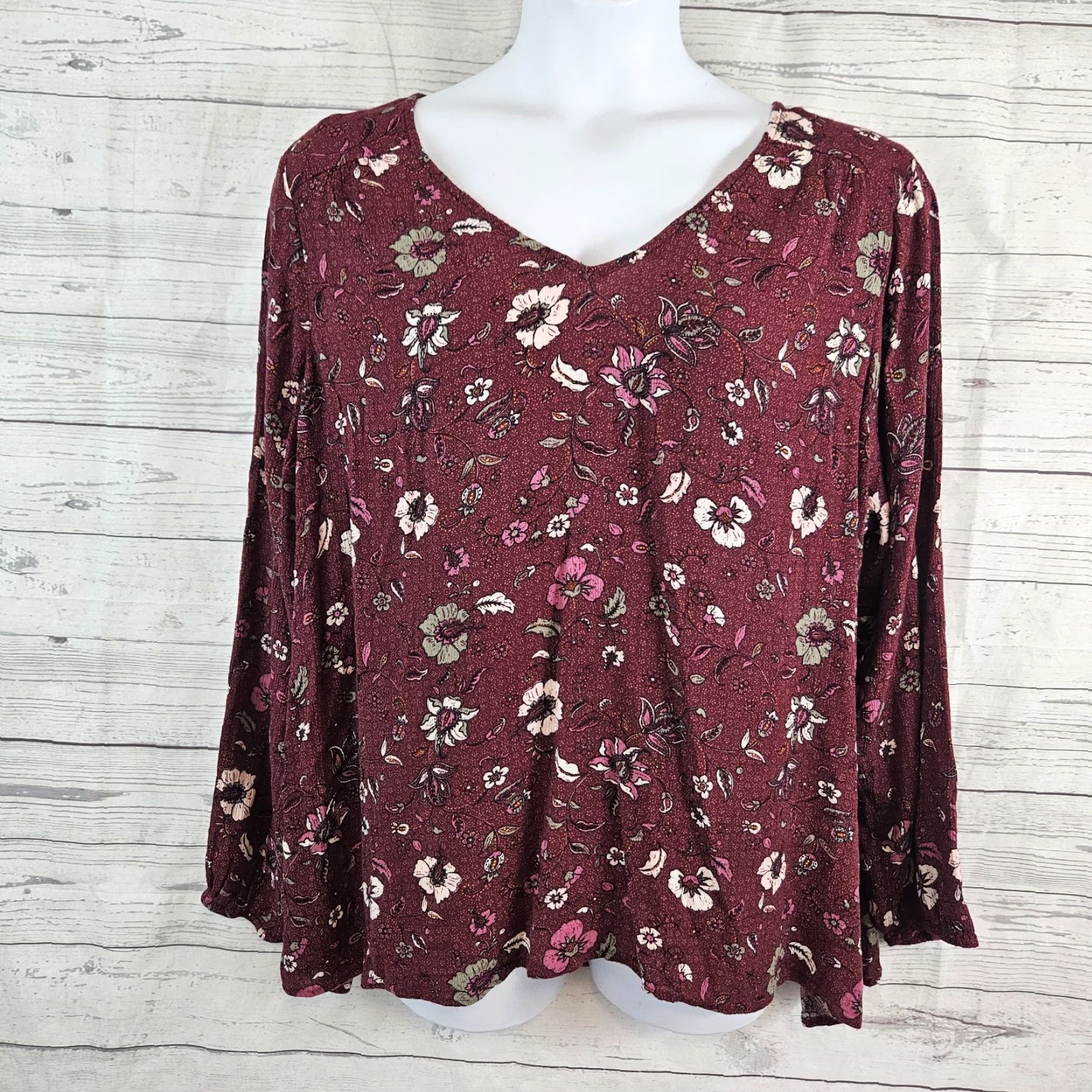 Vintage Lane Bryant Womens Blouse Sz 22/24 Maroon Pink Floral Long Sleeve Rayon V-Neck Pullover Womens Plus Size 22 Blouse” Size 3XL / US 20-22 - 2 Thumbnail