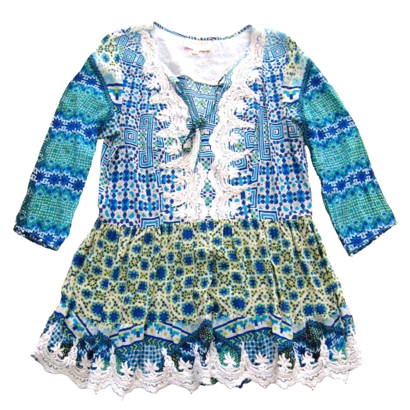 Rococo Sand VINTAGE Rococo Sand 100% Silk Blue Yellow Tassel V-Neck 3/4 Sleeve Boho Mini Dress M Size M / US 6-8 / IT 42-44 - 2 Thumbnail