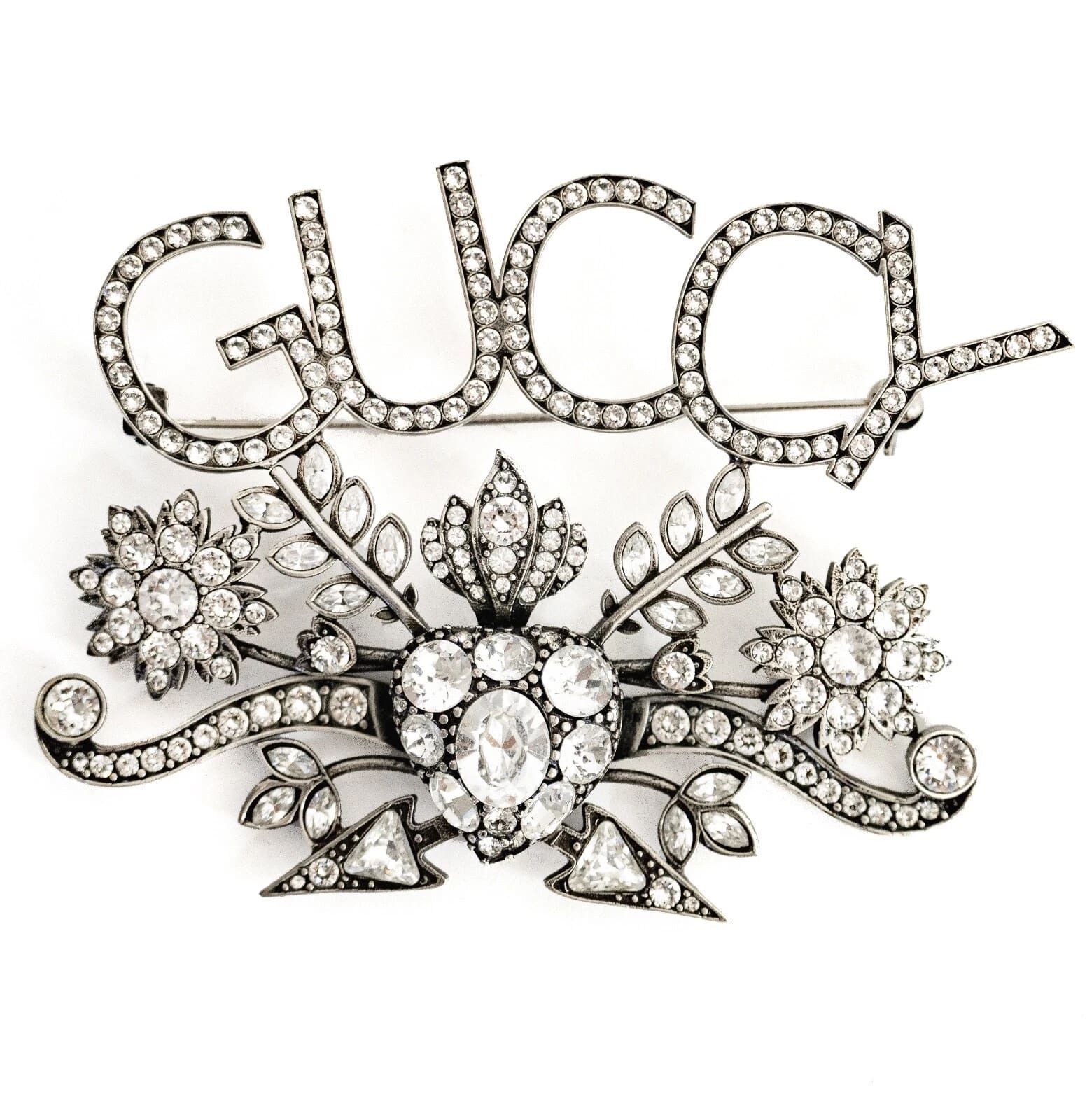 Gucci GUCCI Aged Silver GUCCY Crystal Royal Heart Pin BROOCH Size ONE SIZE - 1 Thumbnail