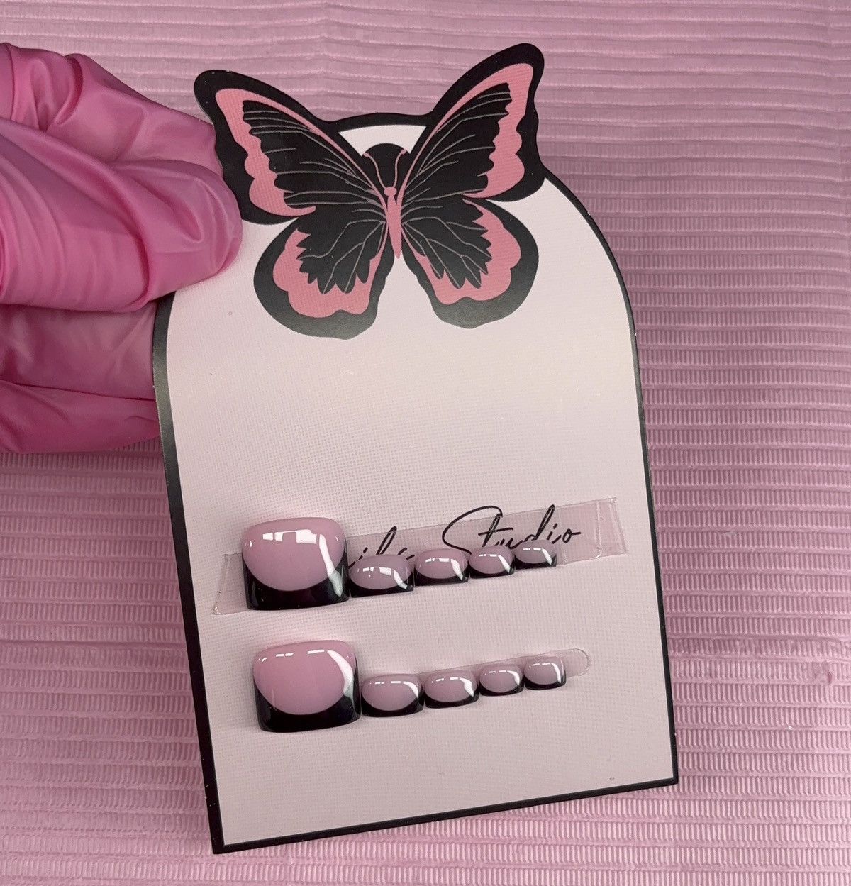 Handmade press on toenails pink nude black French tips handmade gel Size ONE SIZE - 15 Thumbnail