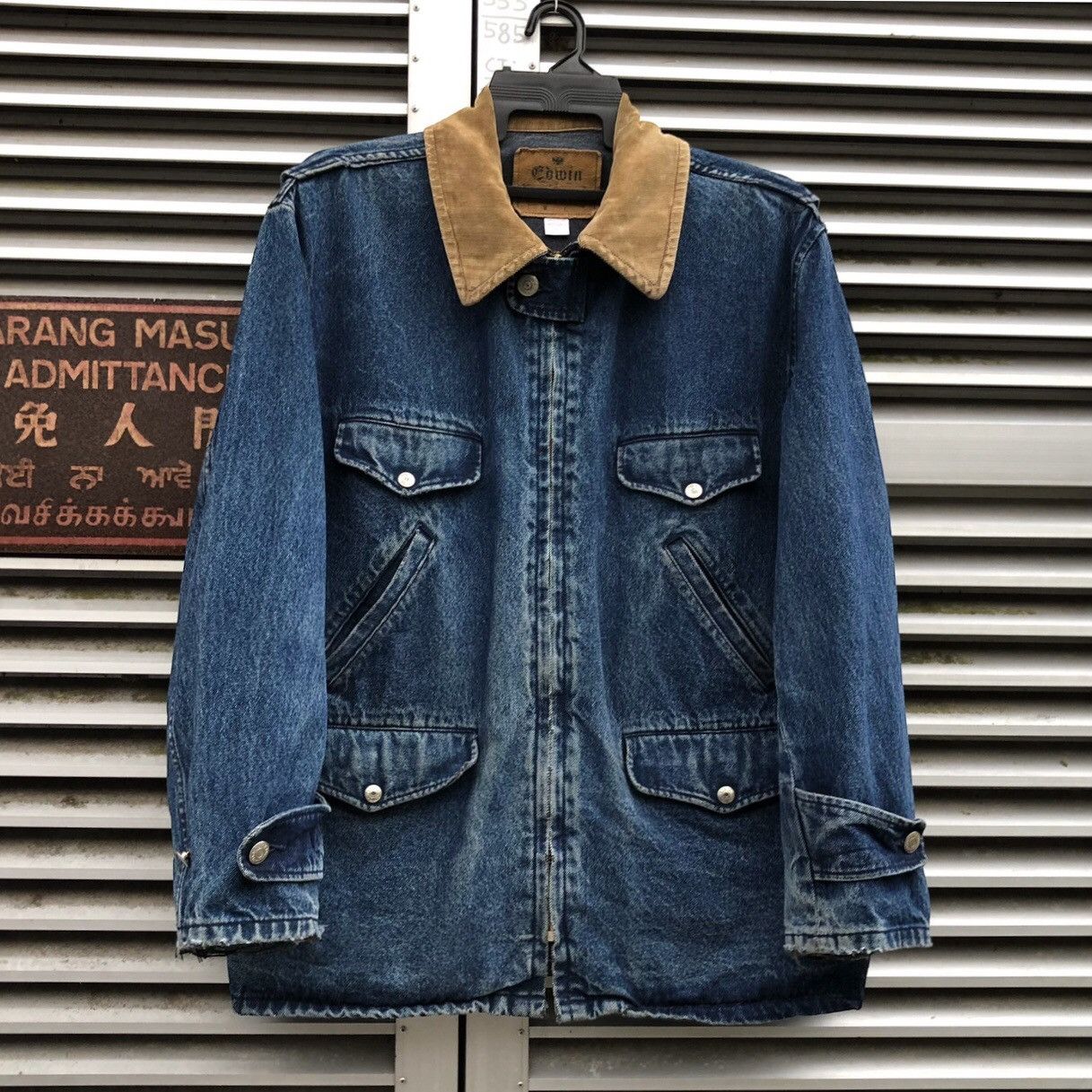 image of Denim Jacket x Edwin Vintage Edwin Distressed Denim Chore Work Jacket in Blue, Men's (Size Large)