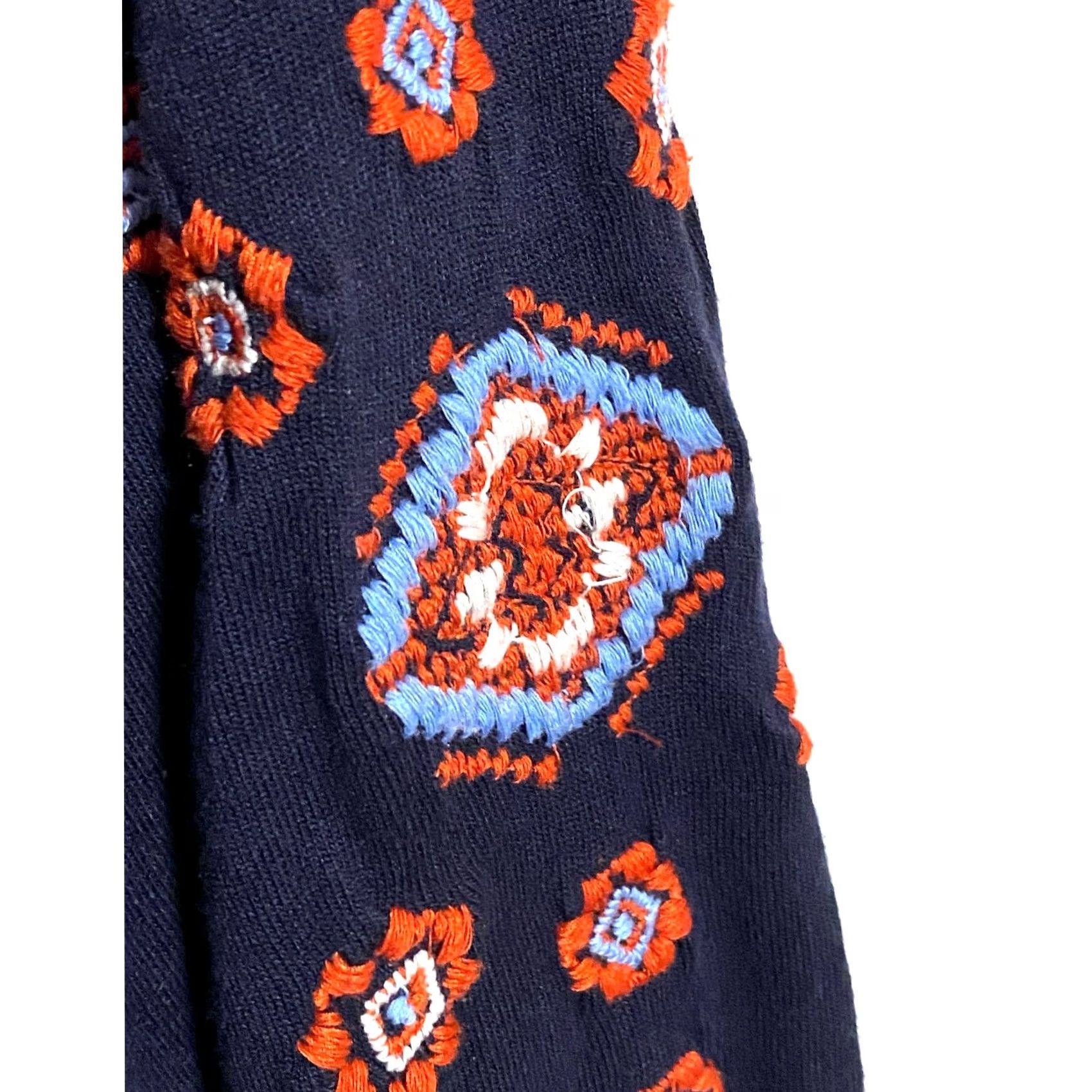 Loft Loft Off Shoulder Embroidered Navy Dress S Tassel Boho Peasant Cinched Tie Waist Dress Women S Navy Geometric Embroidery Bohemian 90s Inspired Size S / US 4 / IT 40 - 6 Thumbnail
