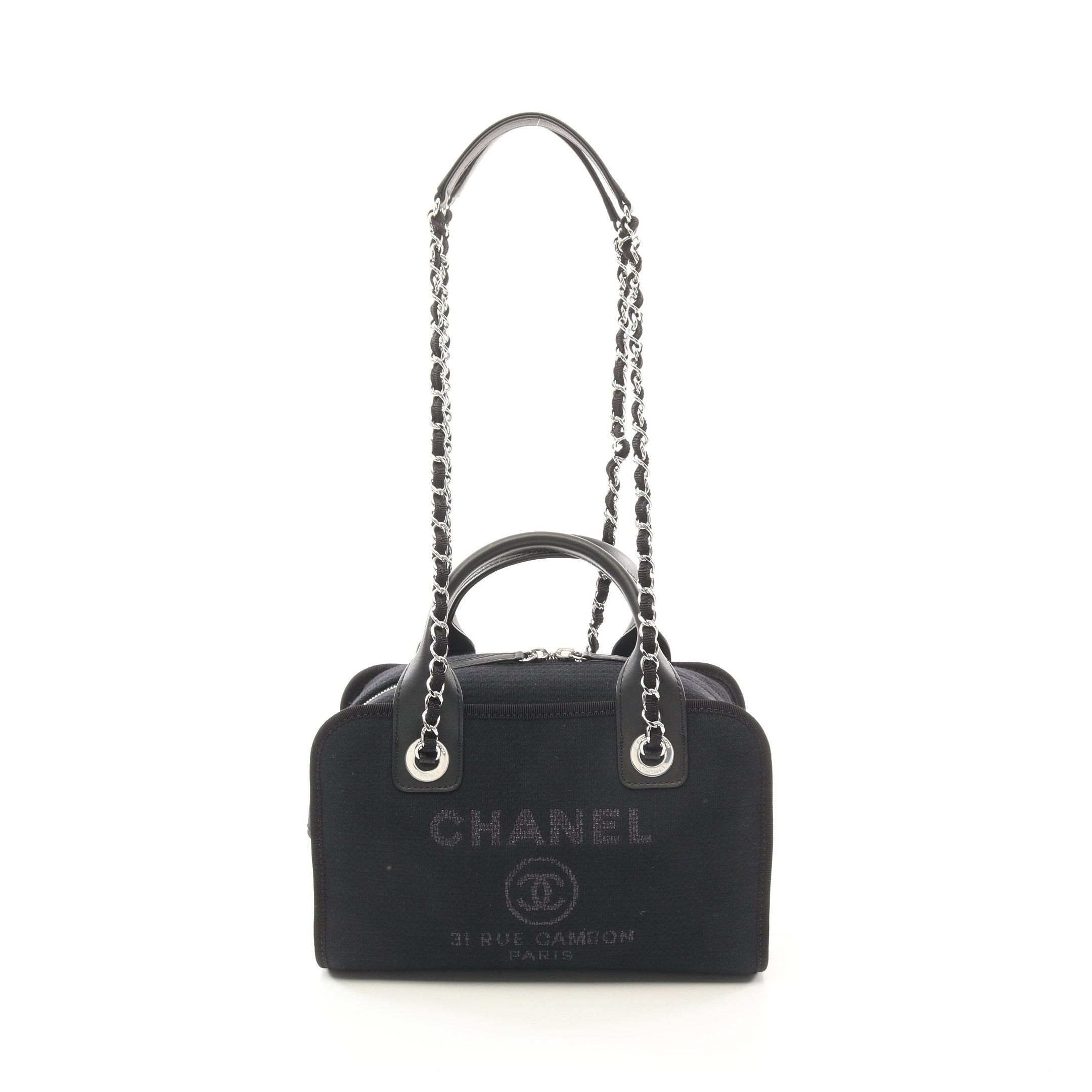 Chanel Chanel Deauville Bowling Bag Chain Shoulder Canvas Leather Black Silver Hardware Size ONE SIZE - 1 Thumbnail