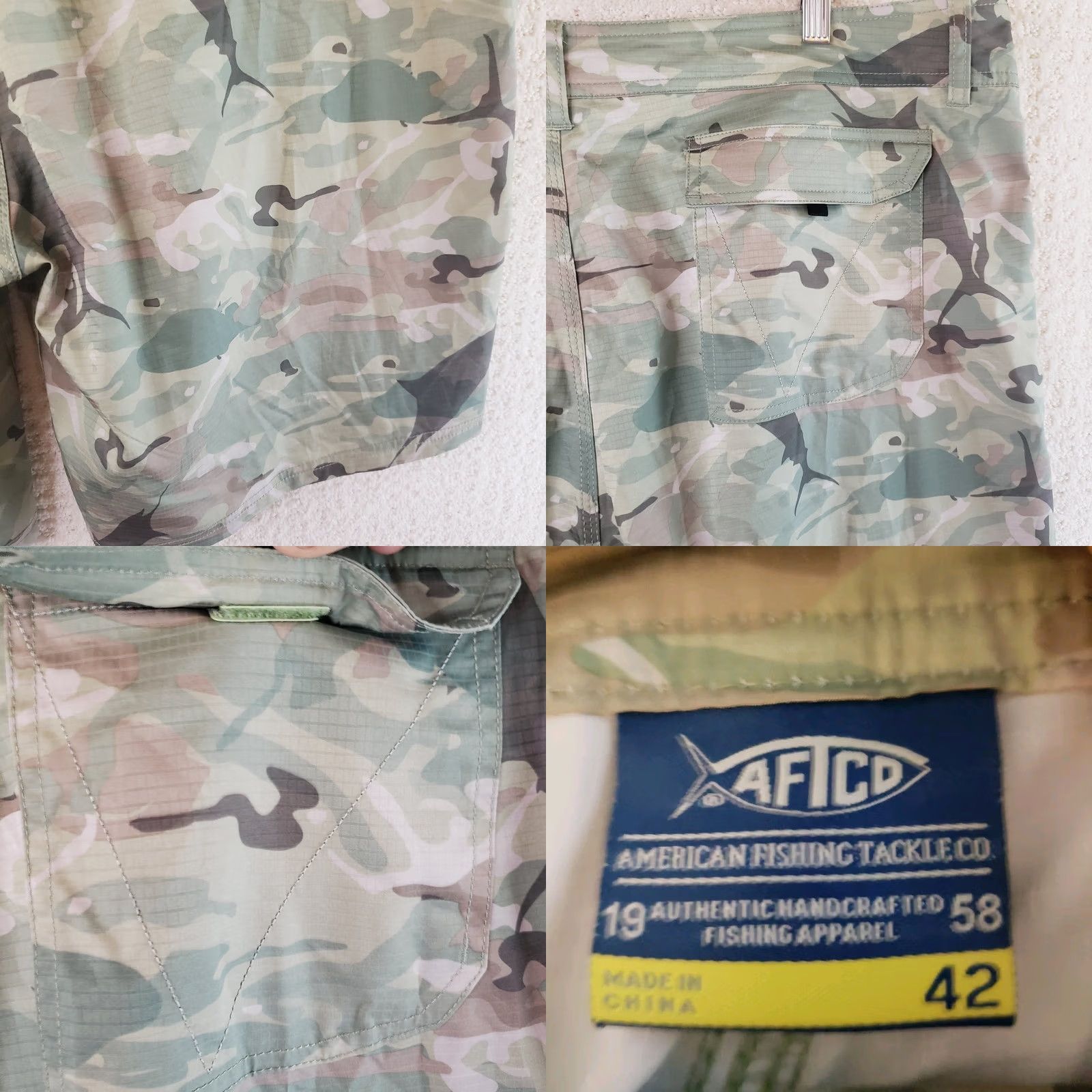 Vintage AFTCO Mens Cargo Shorts Size 42x10 Fish Pattern Camo Performance Stretch Casual Travel Size US 42 / EU 58 - 10 Thumbnail