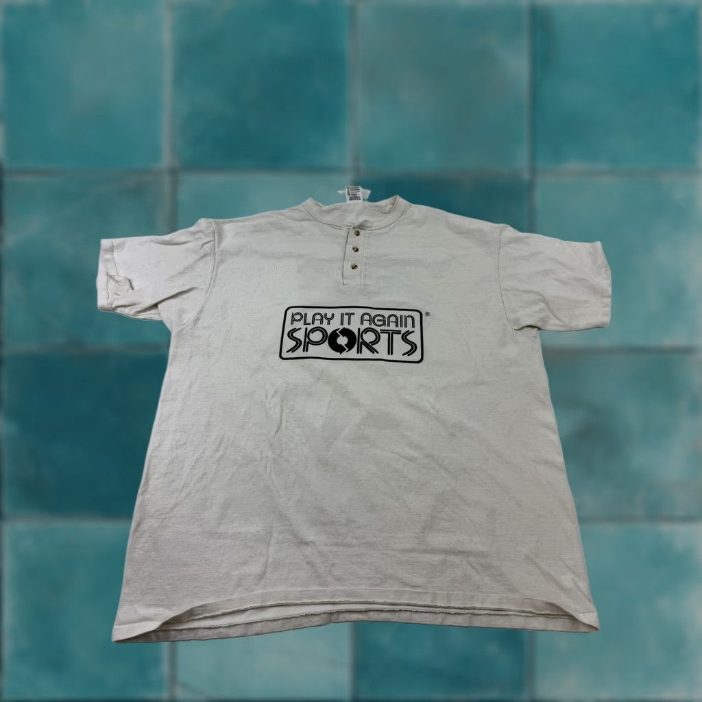 Vintage VINTAGE Cotton Deluxe Shirt Mens 2XL White Henley T-Shirt Play It Again Sports 44 Graphic Back 44 White Logo Short Sleeve Sports Size US XXL / EU 58 / 5 - 1 Thumbnail