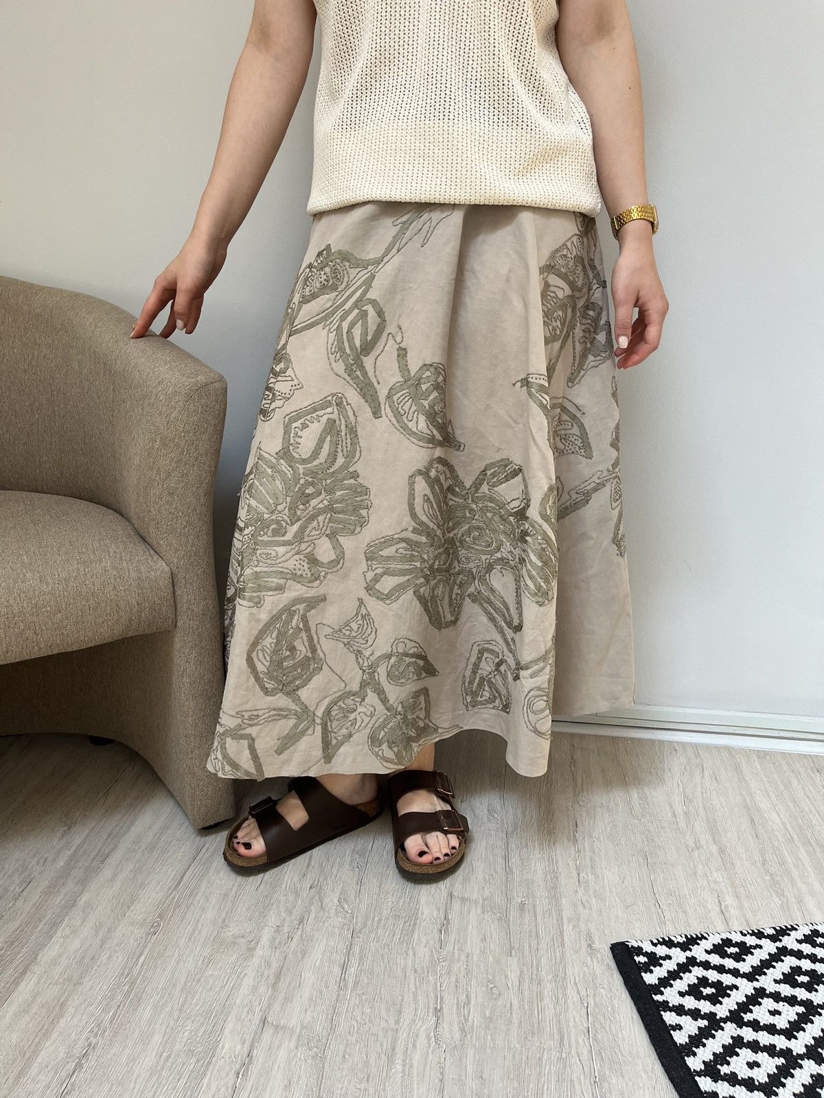 DRIES VAN NOTEN Embroidered flowers linen skirt 00s vintage