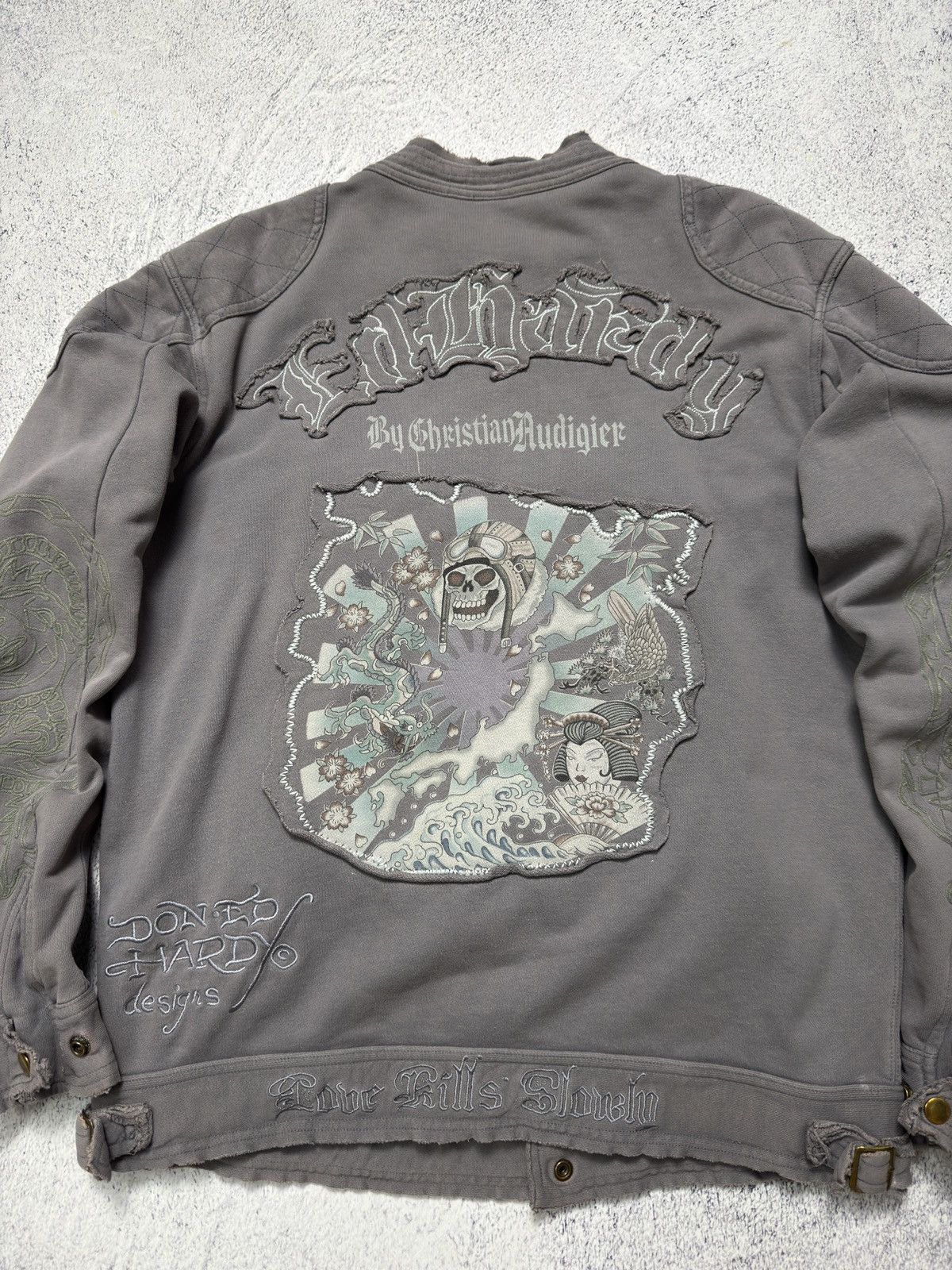 Ed Hardy Ed Hardy Distressed Cotton Motorcycle Jacket Size US L / EU 52-54 / 3 - 4 Thumbnail