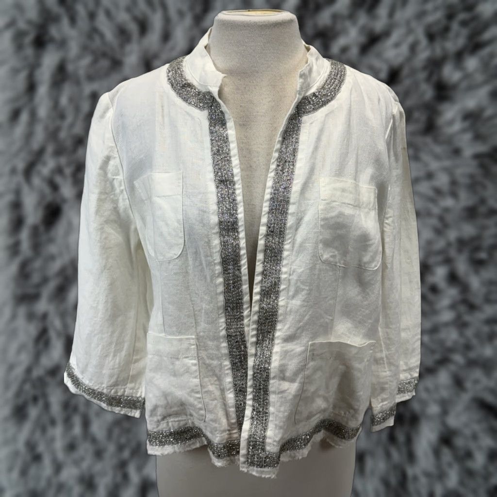 Vintage VINTAGE Chico's Linen Jacket Open Front Silver Beaded Trim Women’s Large SIZE Large Silver Beaded Trim 90s? (adjust to best) Size L / US 10 / IT 46 - 1 Thumbnail