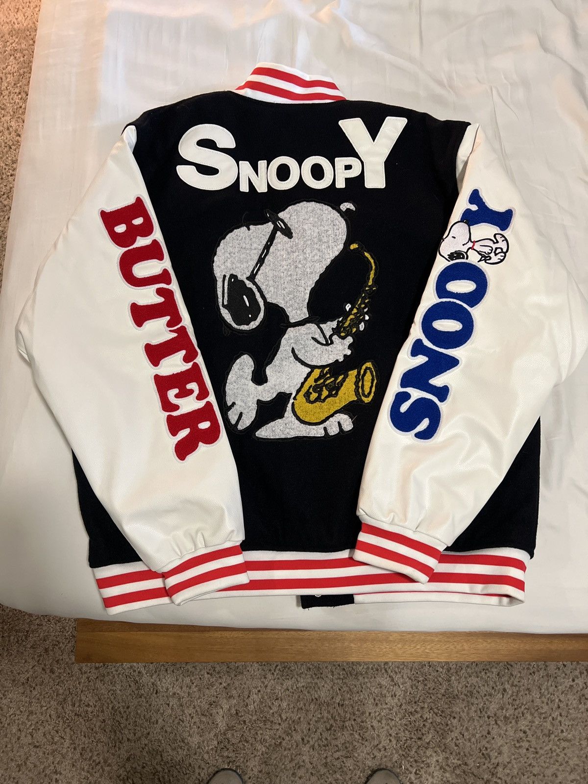 image of Butter X Peanuts Varsity Style Jacket in Black, Men's (Size 2XL)
