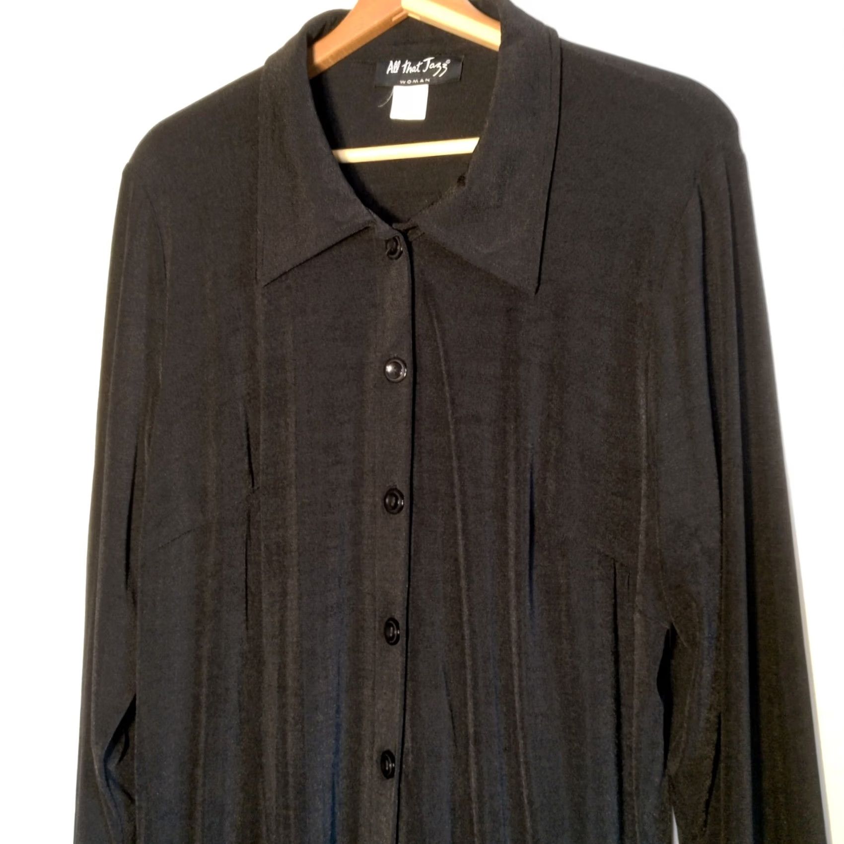 Vintage All That Jazz Shirt 16 Black Stretch Nylon Lagenlook Collared Button Up Women Witches Gothic Batique Size XXL / US 16-18 / IT 52-54 - 3 Thumbnail