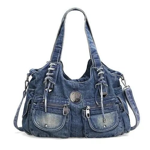 Vintage Y2k Casual Denim Tote Bag Hobo Bag with Pockets Size ONE SIZE - 1 Thumbnail