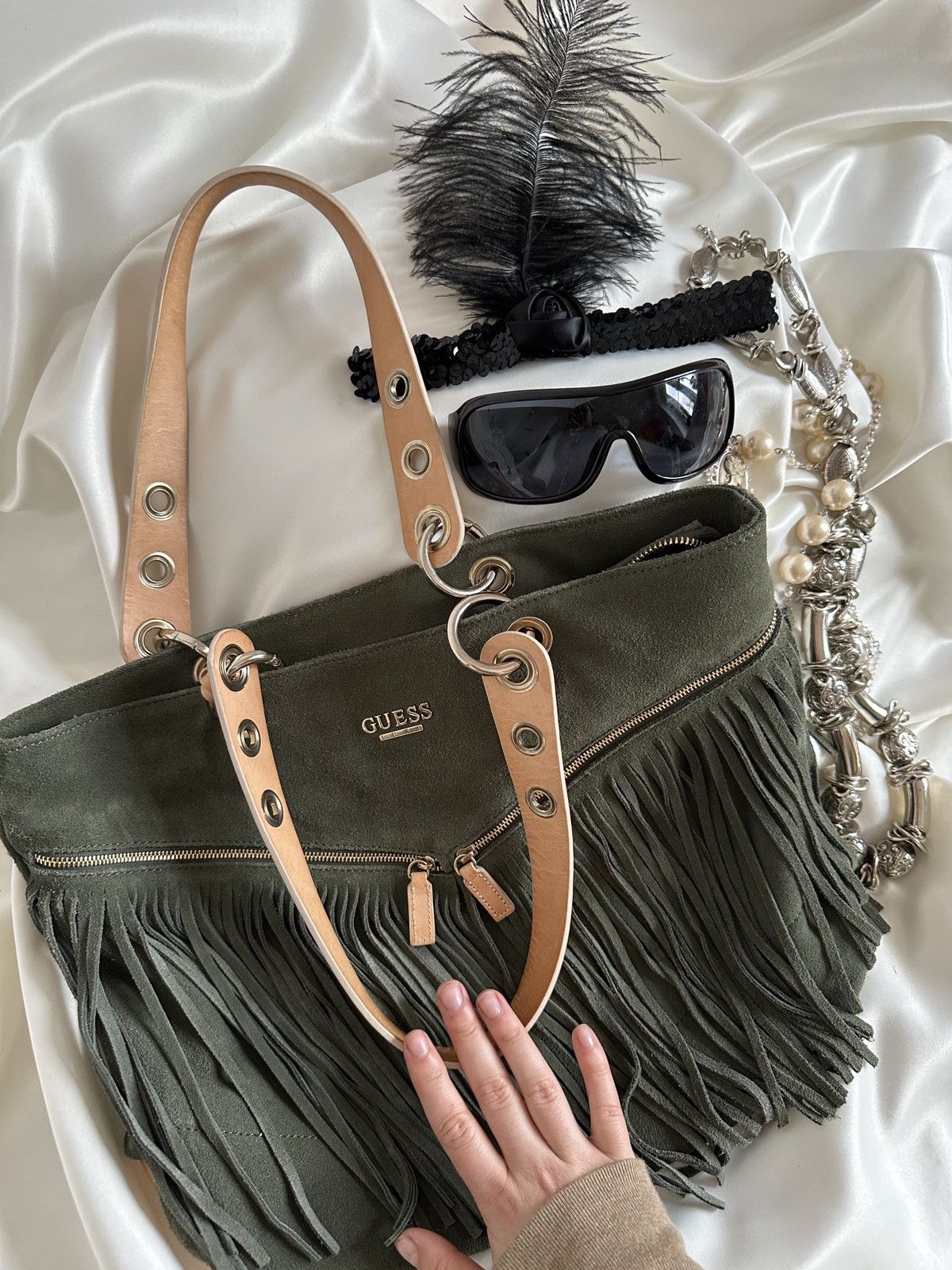 Guess Vintage Guess suede dark green shoulder tote bag Size ONE SIZE - 4 Thumbnail
