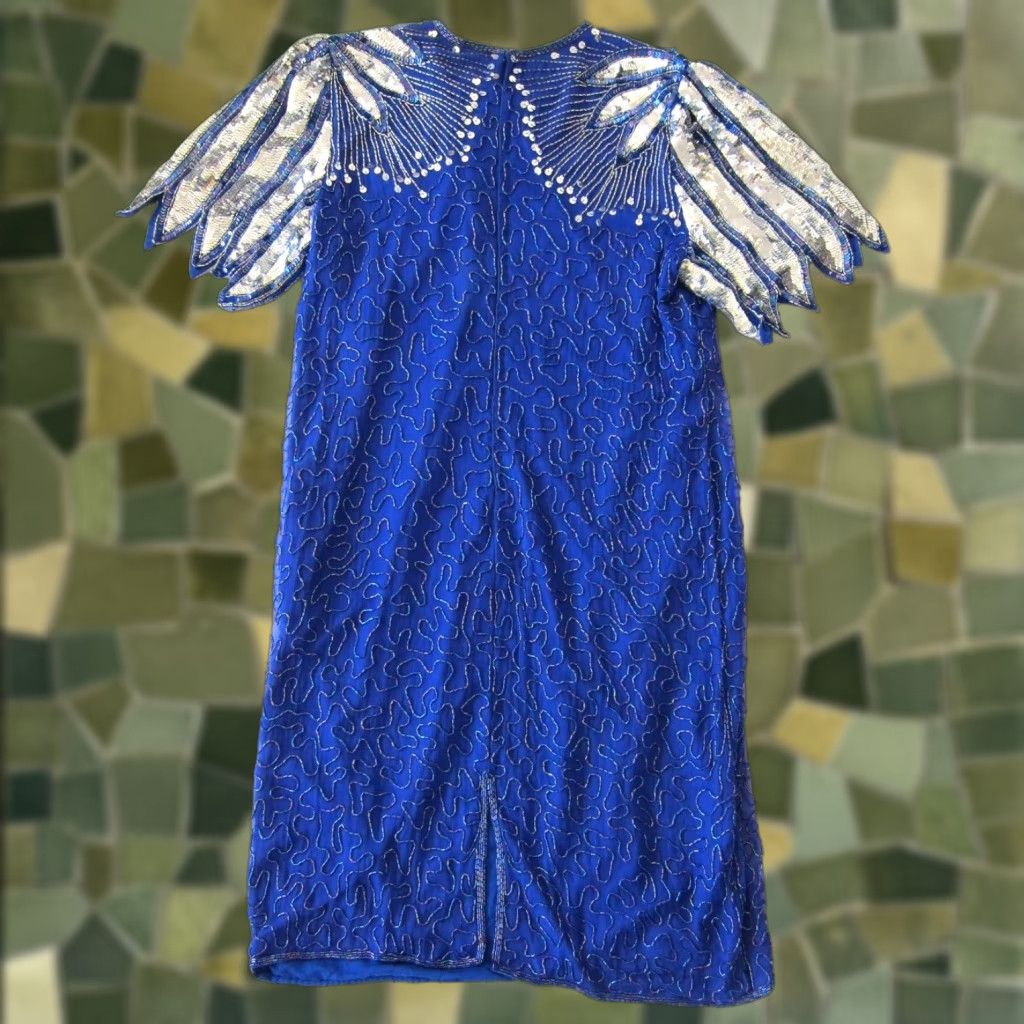 Vintage VINTAGE Laurence Kazar 100% Silk Blue Silver Beaded Sequin Short Sleeve Tunic Dress 1X Size 40" / US 18 - 1 Thumbnail