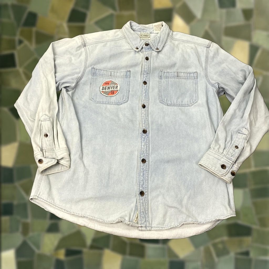 CO C.E. Schmidt Workwear Denim Shirt Men's Large Light Wash Button Up with Denver CO Patch Size US L / EU 52-54 / 3 - 1 Thumbnail