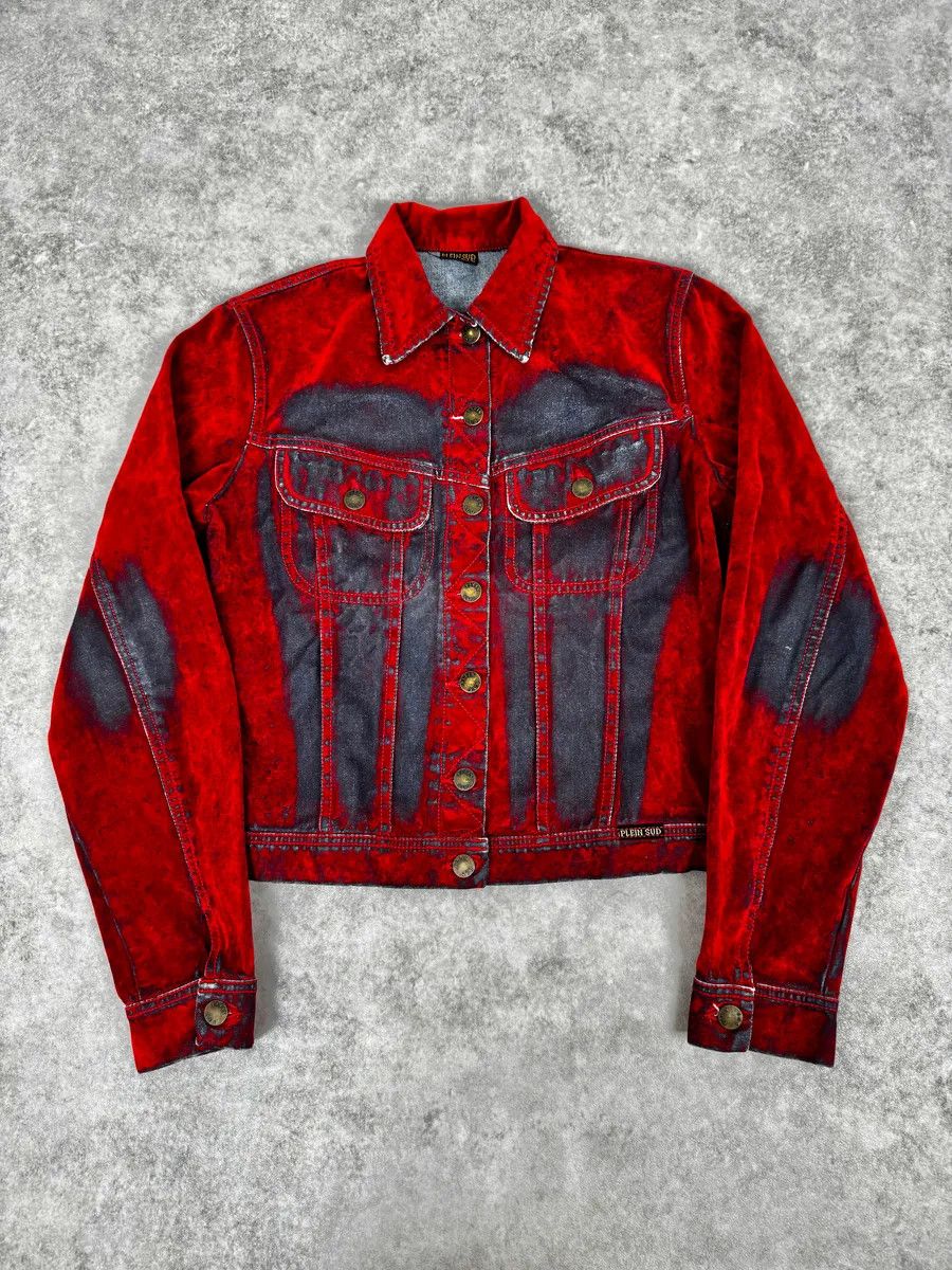 Plein Sud Red & Blue Gradient Velvet Denim Trucker Jacket