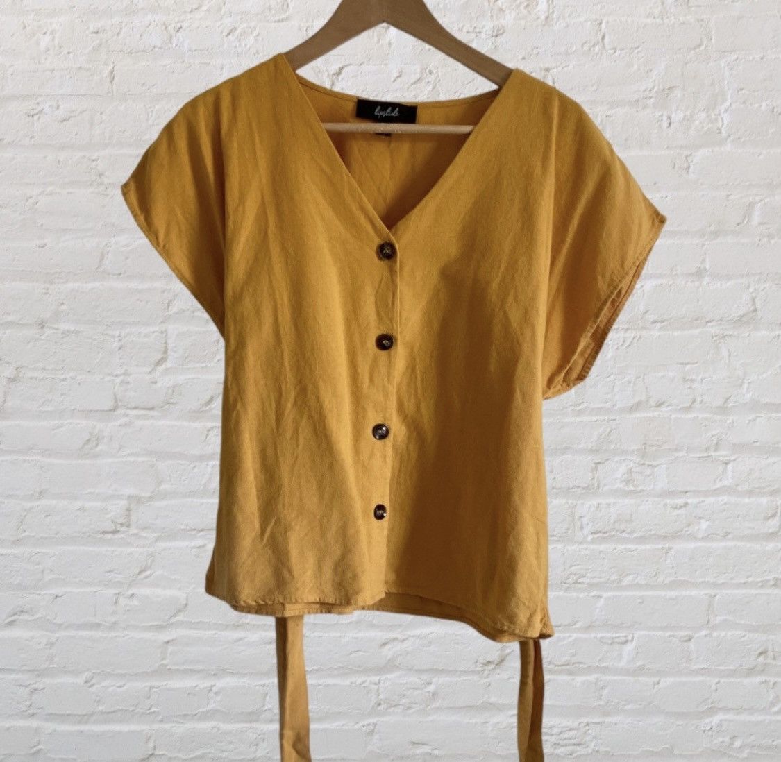 Other LIPSLIDE MUSTARD SHORT SLEEVE BUTTON UP BELTED BLOUSE TOP Size L / US 10 / IT 46 - 2 Thumbnail