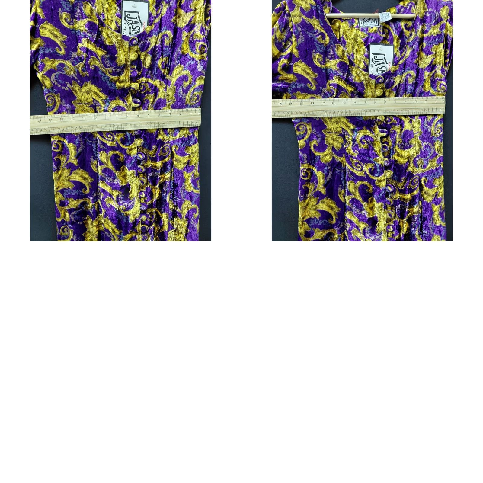Velvet VINTAGE? No. Jasmine by KVM Purple Velvet Baroque Midi Dress M Purple Bohemian Baroque Buttons 3/4 Sleeve V-Neck Made in India Size M / US 6-8 / IT 42-44 - 9 Thumbnail