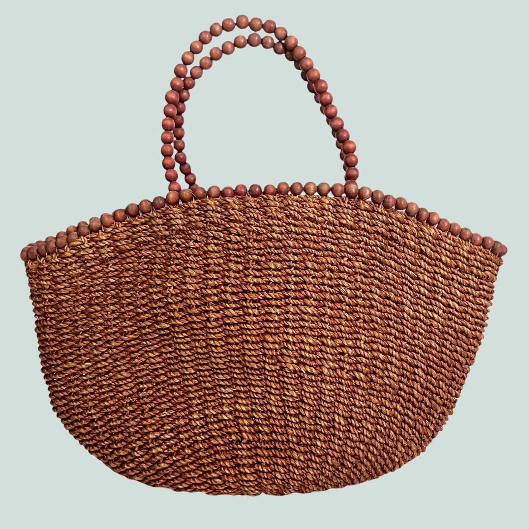 Vintage Straw Woven Tote Purse with Beaded Trim and Handle Brown Boho Summer Shopper Size ONE SIZE - 1 Thumbnail