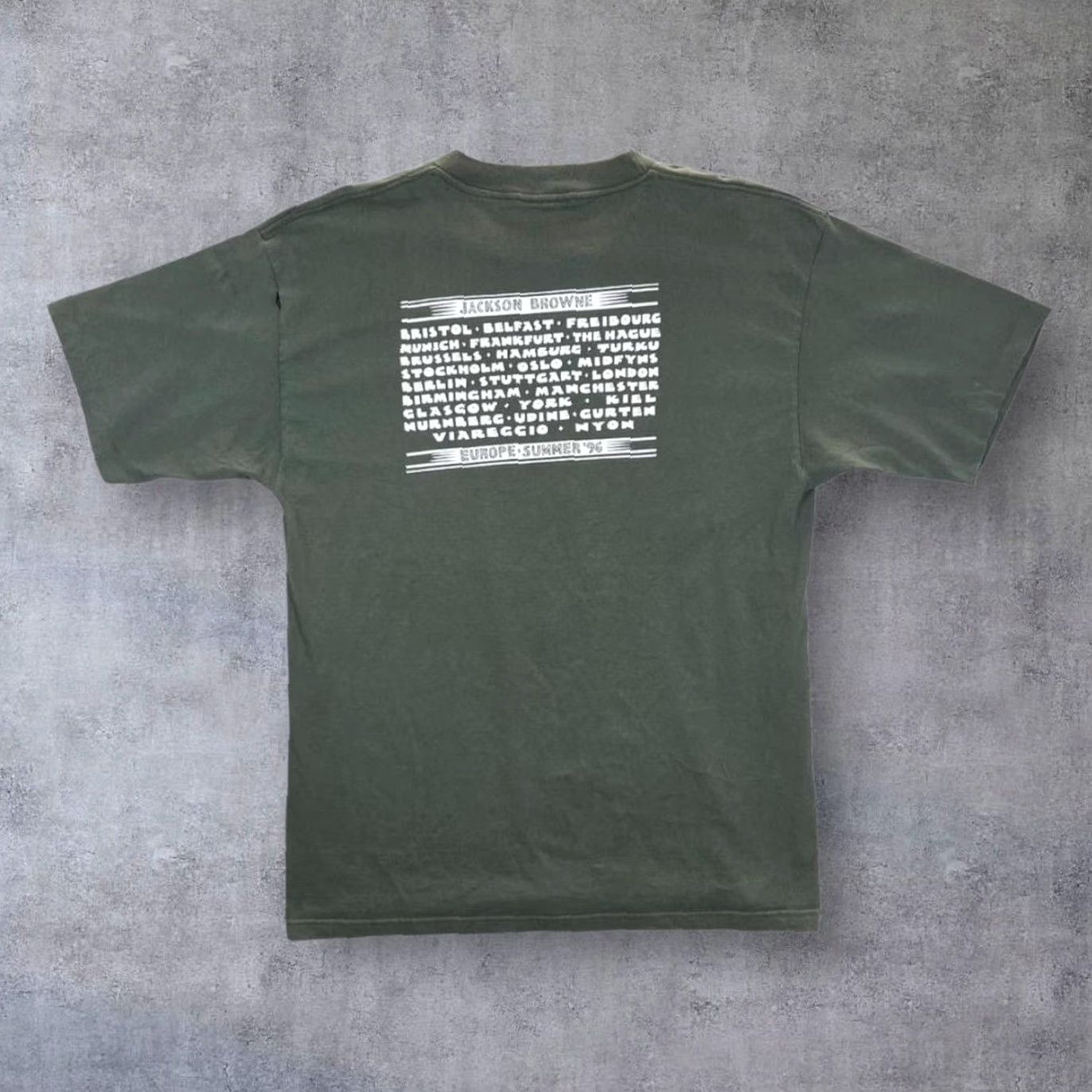 Vintage VINTAGE Murina Jackson Browne "Looking East Europe Tour 1996" Single Stitch T-Shirt XL Green Men US Made MURINA Shirt XL Mens 90s Tour Georgia Size US XL / EU 56 / 4 - 2 Thumbnail