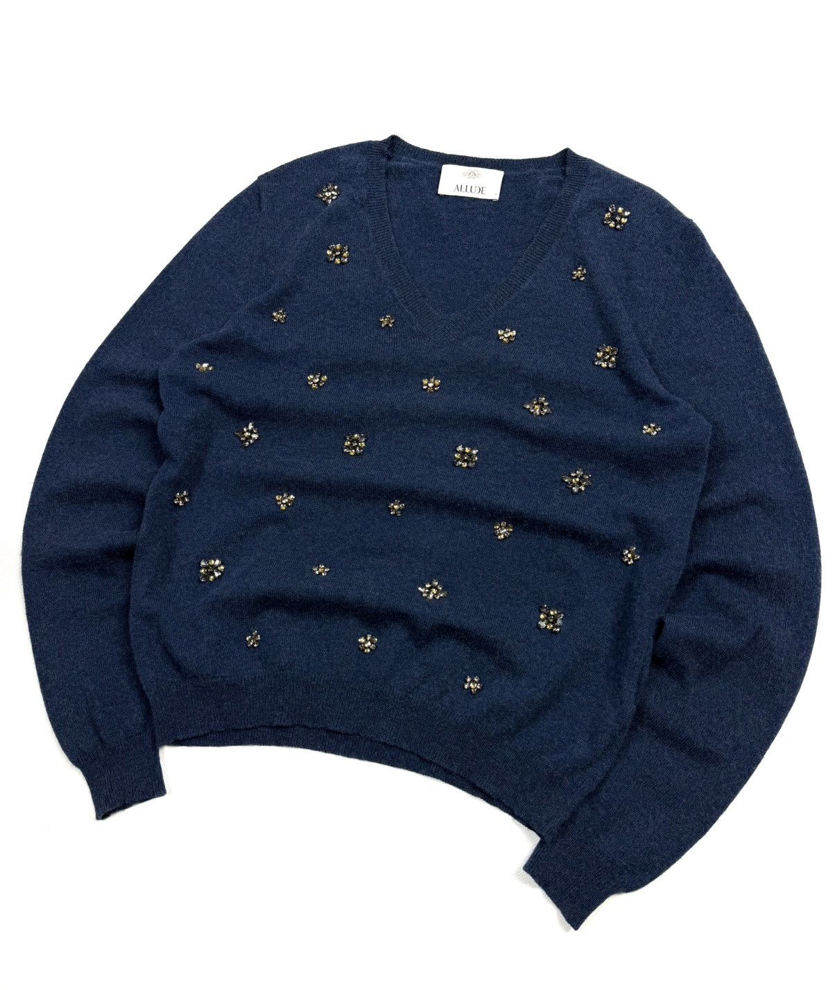 Allude Allude Cashmere Wool Crystal Flower V-neck Knit Sweater L Size L / US 10 / IT 46 - 2 Thumbnail