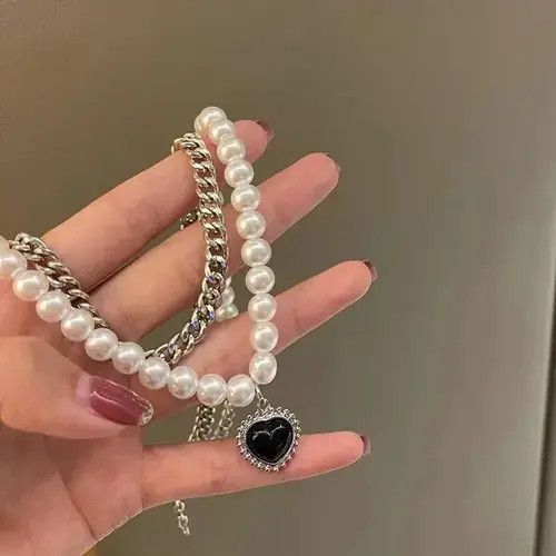 Other Double Layer Steel Pearl Black Heart Pendant Necklace Size ONE SIZE - 4 Thumbnail