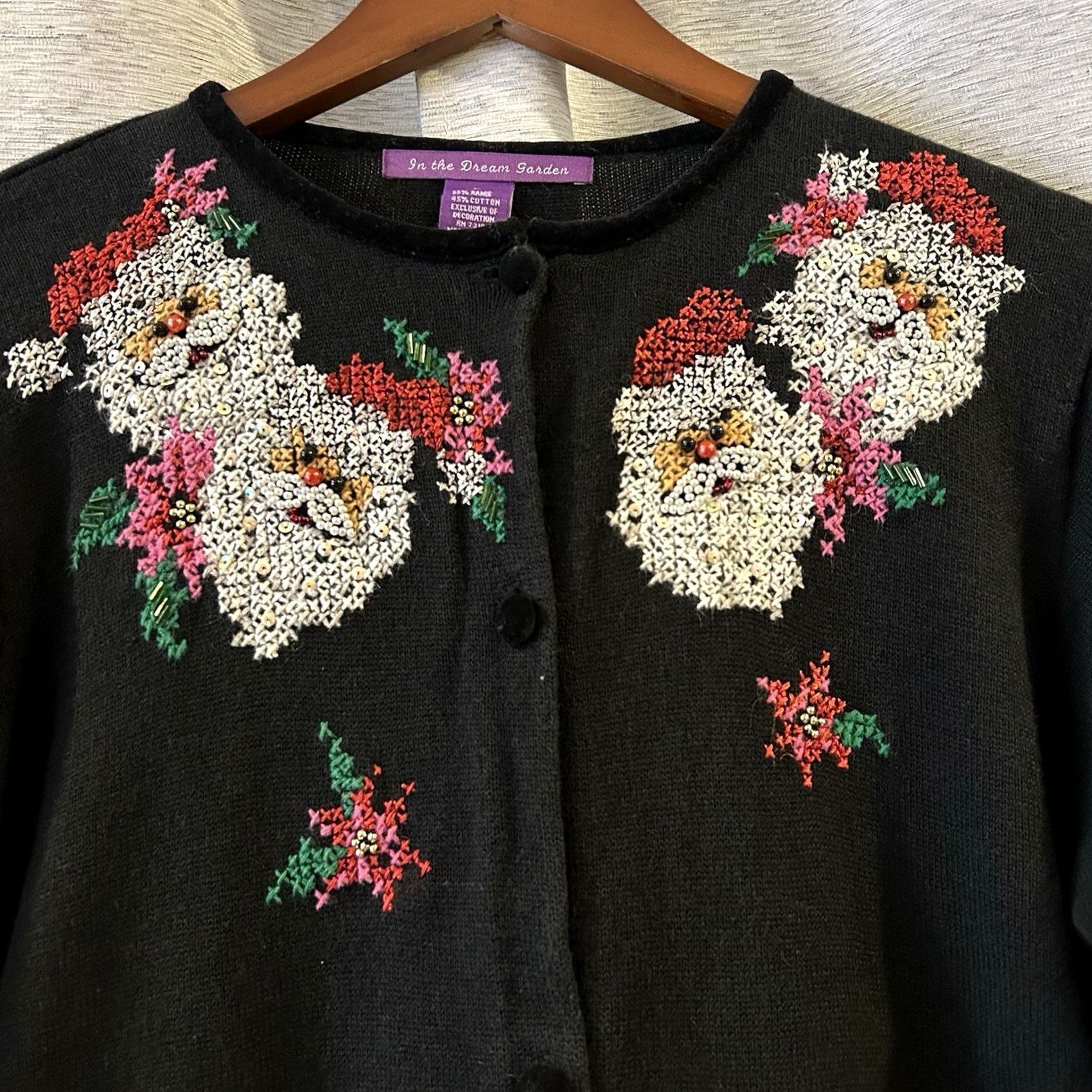 Vintage VINTAGE In The Dream Garden Santa Christmas Cardigan Women L Black Knit Cotton Blend Sweater Long Sleeve - Size L / US 10 / IT 46 - 3 Thumbnail