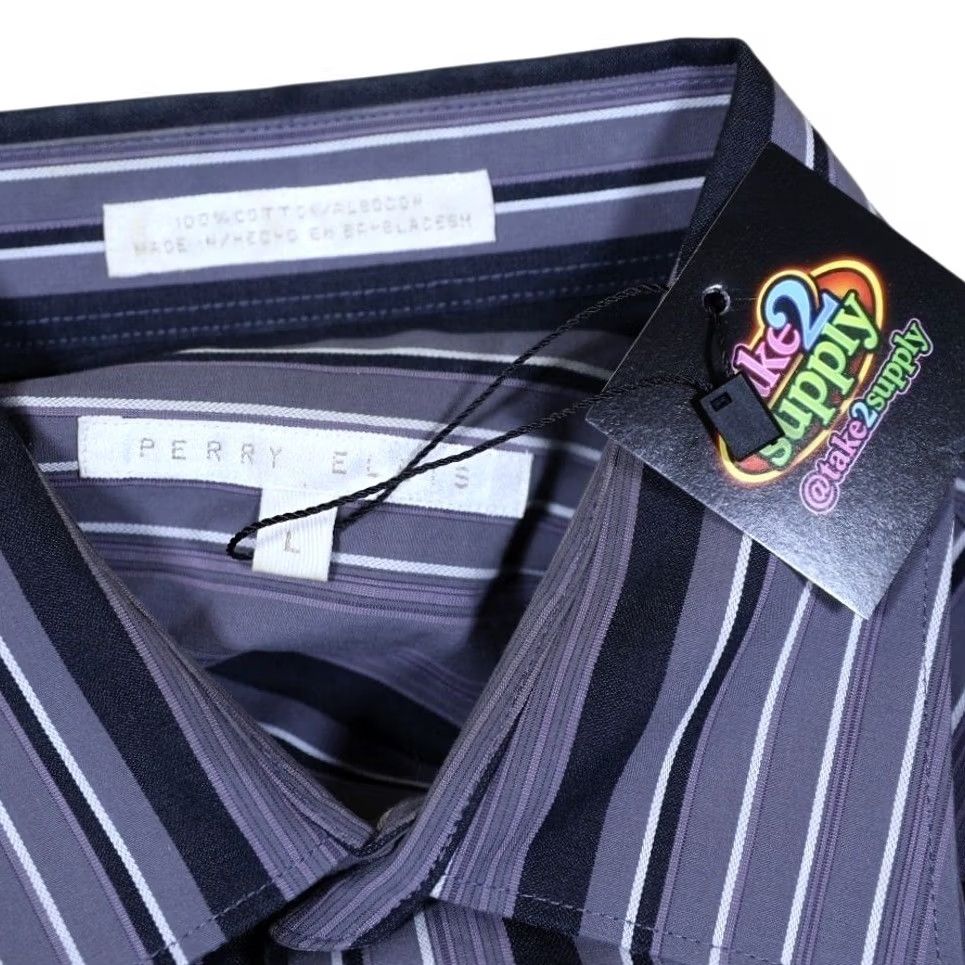 Perry Ellis Perry Ellis Mens L Striped Button Down Long Sleeve Dress Shirt Purple Size 42R - 7 Thumbnail