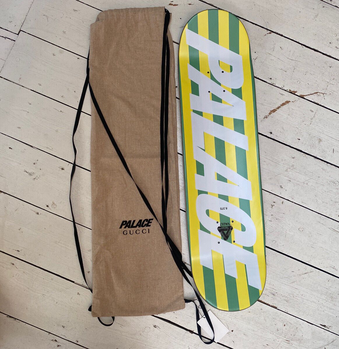 image of Gucci Striped Multicolor Skateboard Deck in Green/Yellow, Men's
