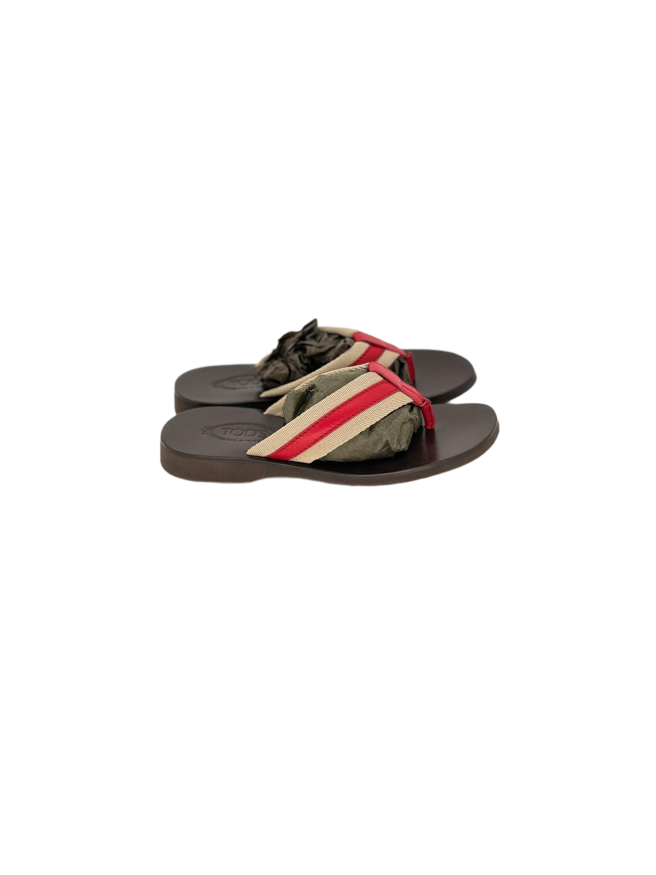 Tod's TODS Brown Leather Sandal With Canvas / Leather Thong Upper Size US 7.5 / EU 40-41 - 2 Thumbnail
