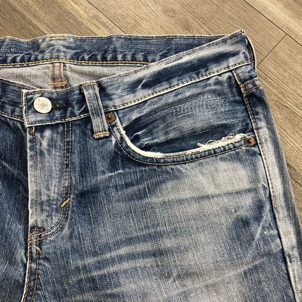 Edwin × If Six Was Nine × Le Grande Bleu (L.G.B.) 2000s Edwin 503 Distressed Punk Faded Bootcut Flared Jeans Size US 29 - 11 Thumbnail