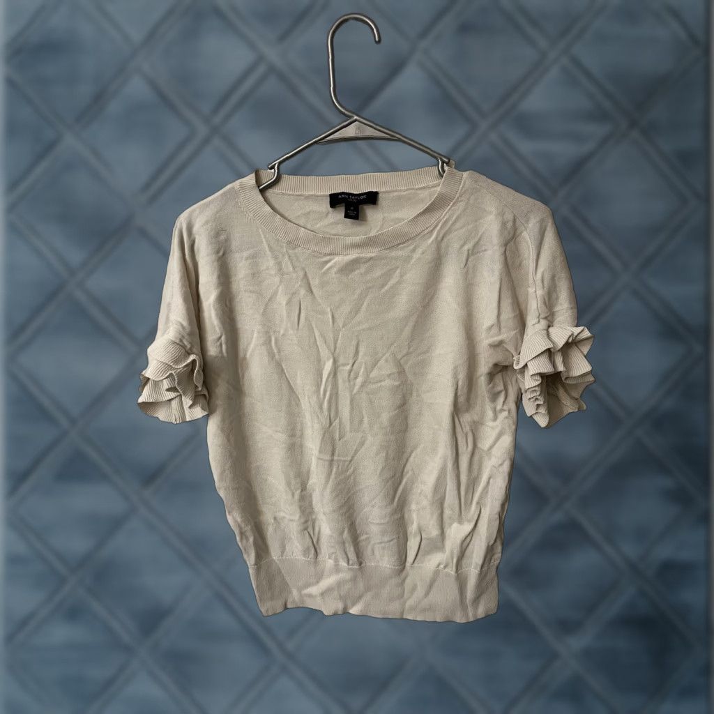 Ann Taylor Ann Taylor Blouse Petite PS Short Sleeve Ruffle Ivory Viscose Blen Stretch Size S / US 4 / IT 40 - 1 Thumbnail