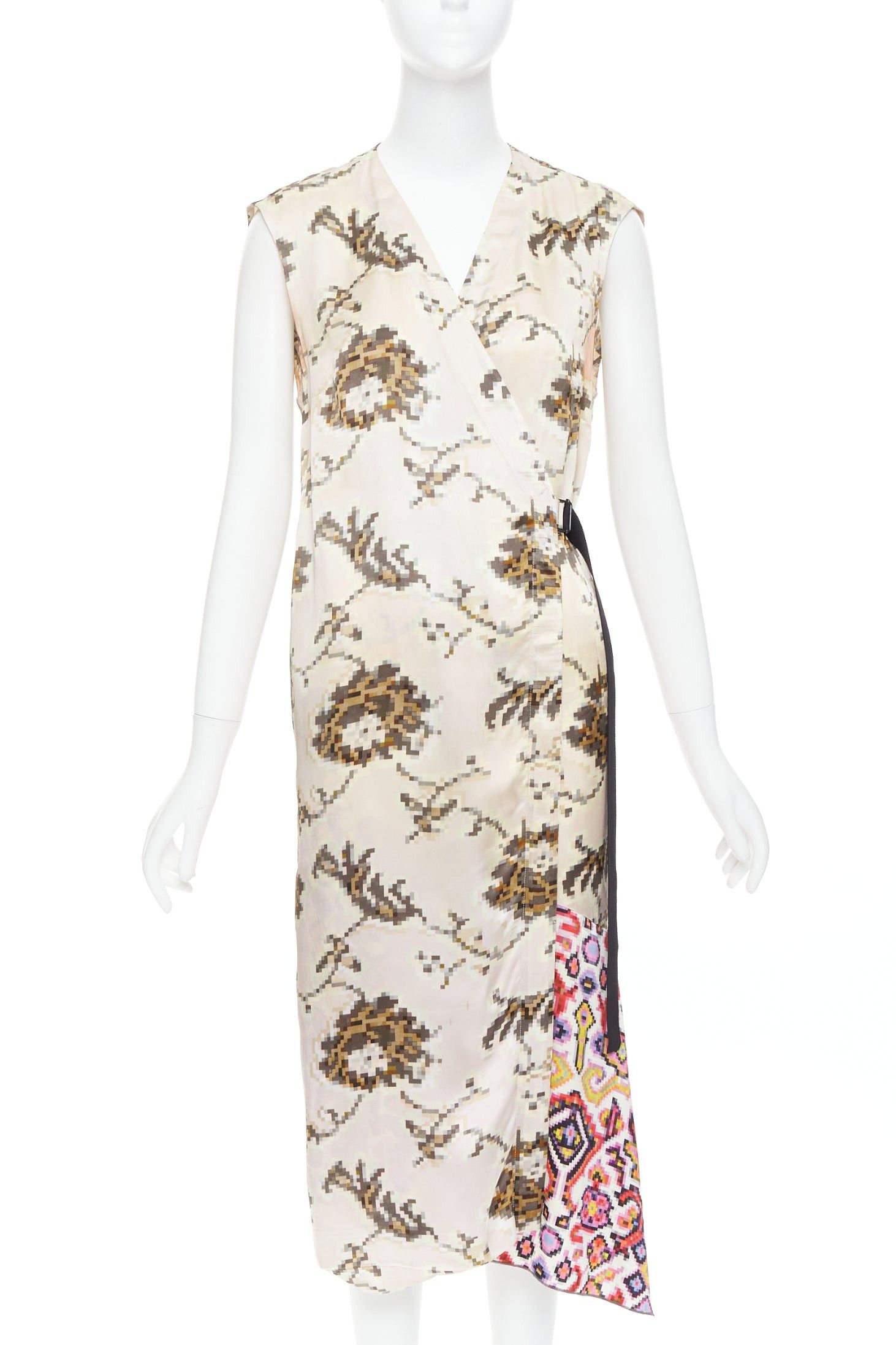 Dries Van Noten DRIES VAN NOTEN multicolor pixelated contrast print satin belted dress FR38 M Size M / US 6-8 / IT 42-44 - 1 Thumbnail