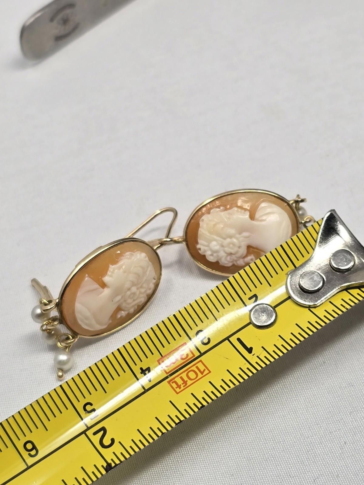 Camel Vintage 14k Gold Shell Cameo Earrings Pearl Dangle Size ONE SIZE - 4 Thumbnail