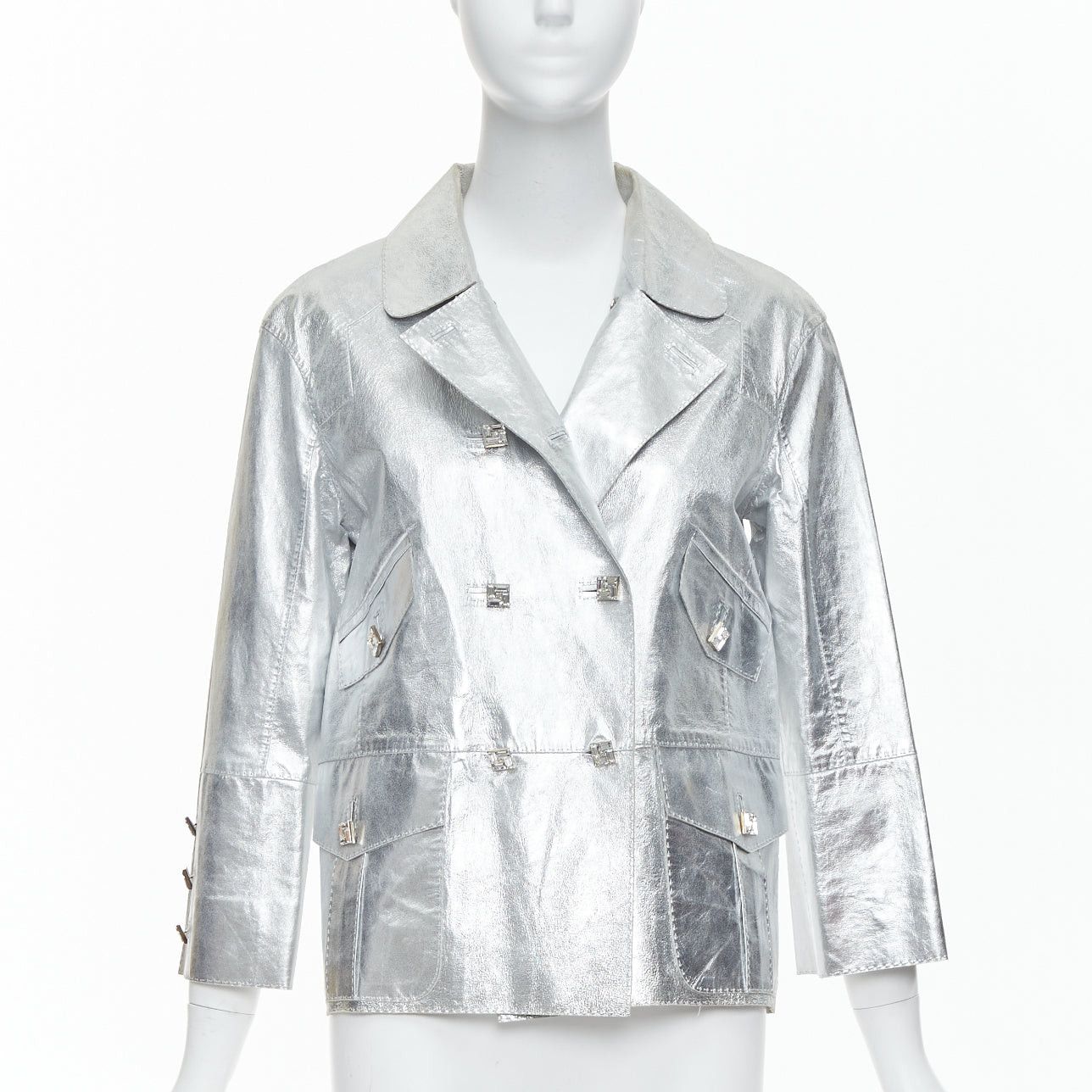 Louis Vuitton LOUIS VUITTON Marc Jacobs metallic silver leather crystal button jacket FR36 S Size S / US 4 / IT 40 - 1 Thumbnail