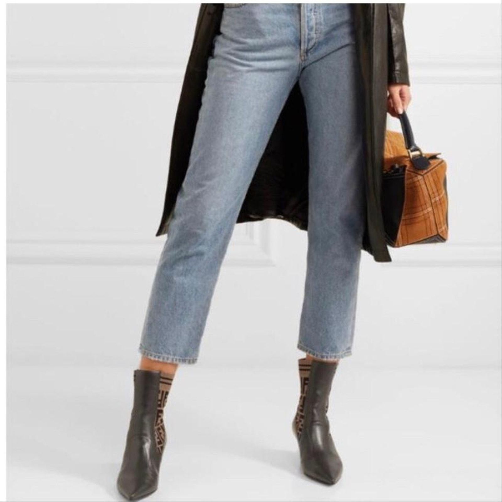 Fendi Rockoko FF logo stretch knit leather heeled ankle boots Size US 7 / IT 37 - 3 Thumbnail