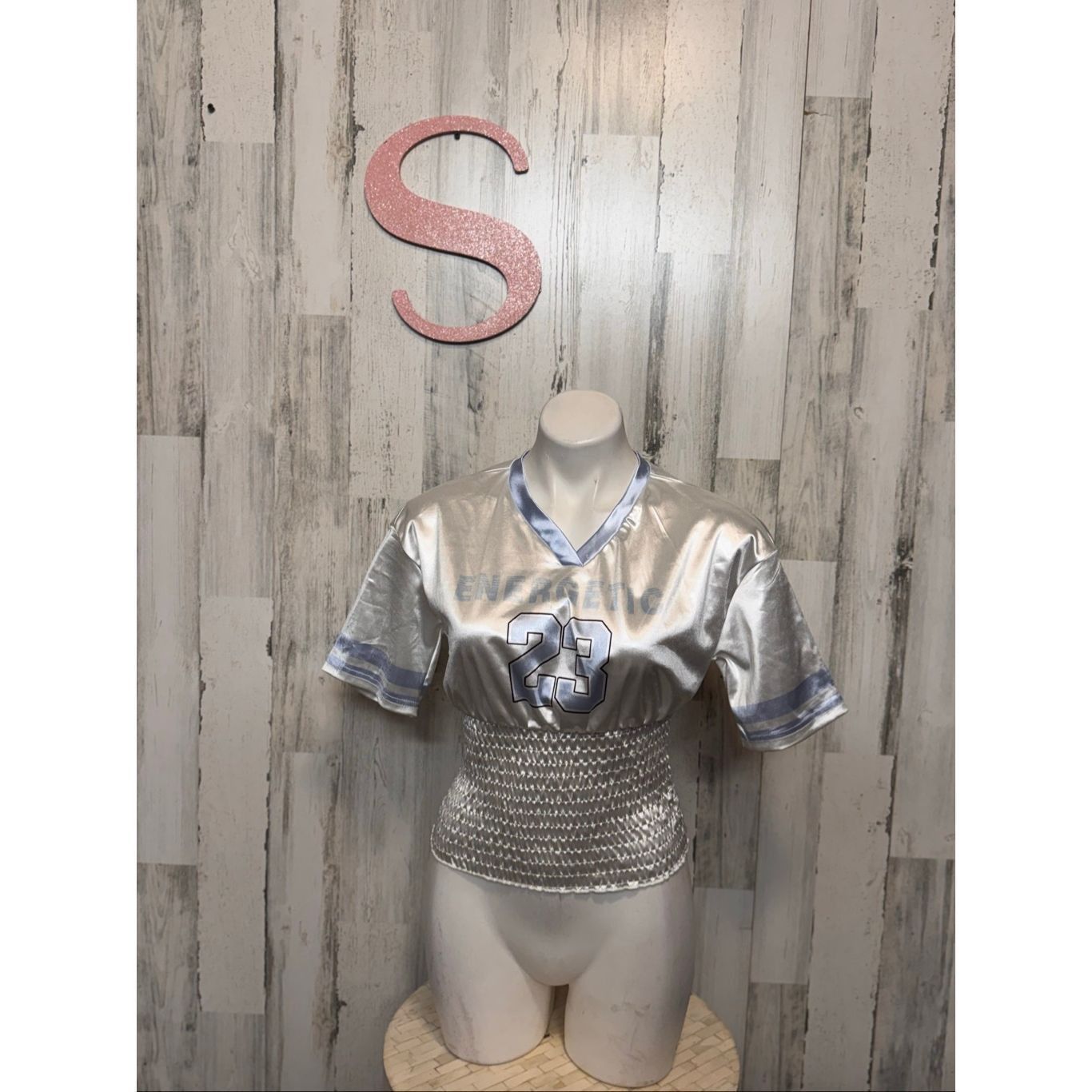 Other Metallic Silver “Energetic 23” Crop Top Women’s Small Shiny Football Jersey Style Size S / US 4 / IT 40 - 2 Thumbnail