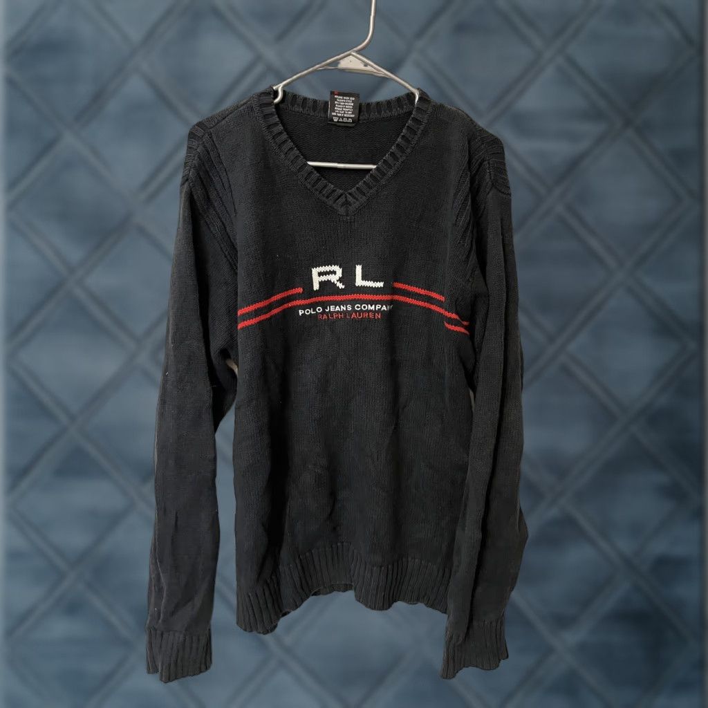 Ralph Lauren VINTAGE Ralph Lauren Polo Jeans Co Sweater Men’s LARGE Black RL Long Sleeve V Neck Shirt Size US L / EU 52-54 / 3 - 1 Thumbnail
