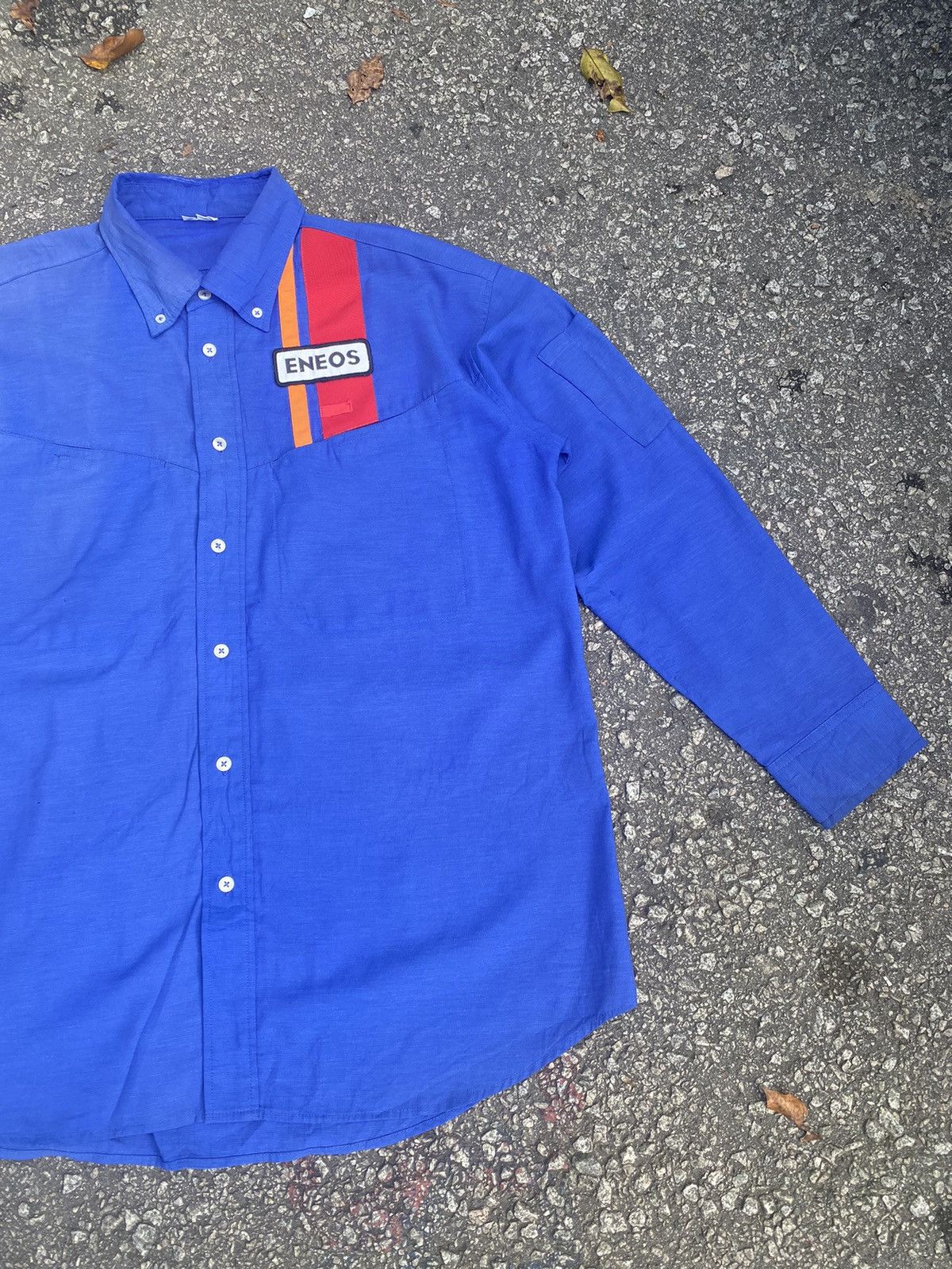 image of Racing x Vintage Sunfaded Vintage Eneos Long Sleeve Button Up Shirt in Blue, Men's (Size XL)