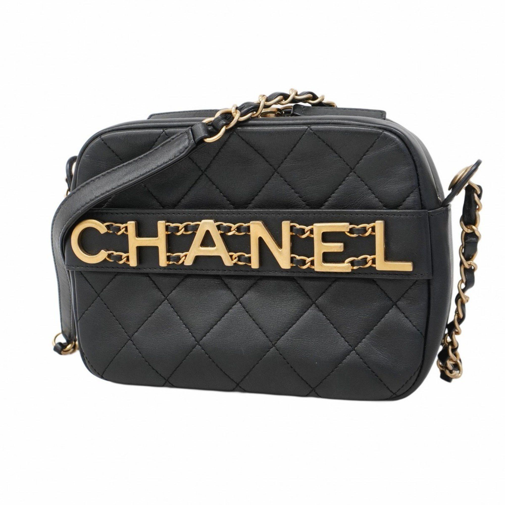 Chanel Shoulder Bag Matelasse Chain Leather Black Champagne Ladies, Women's