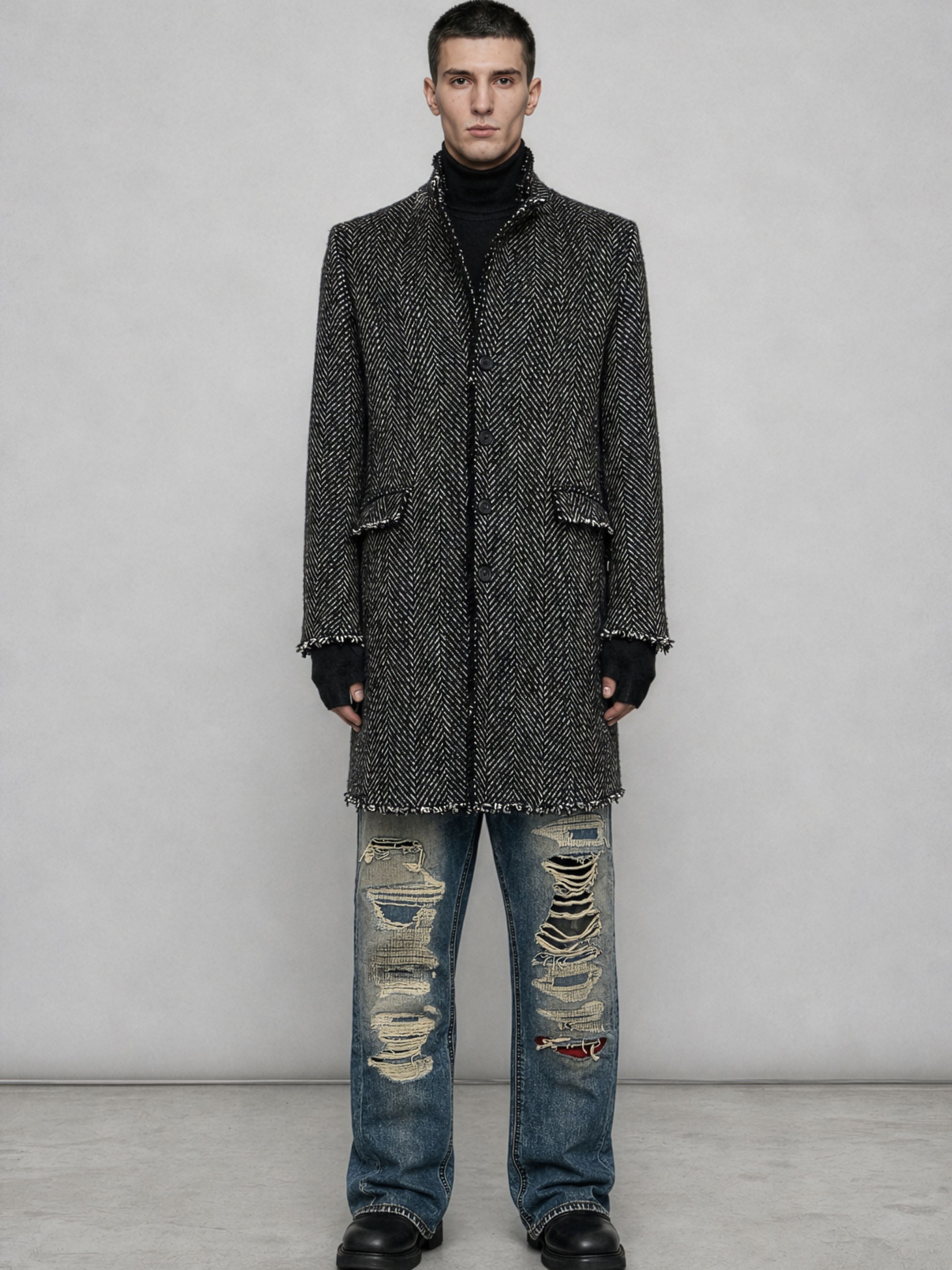 Avant Toi Distressed Herringbone Virgin Wool Coat Size US L / EU 52-54 / 3 - 15 Thumbnail