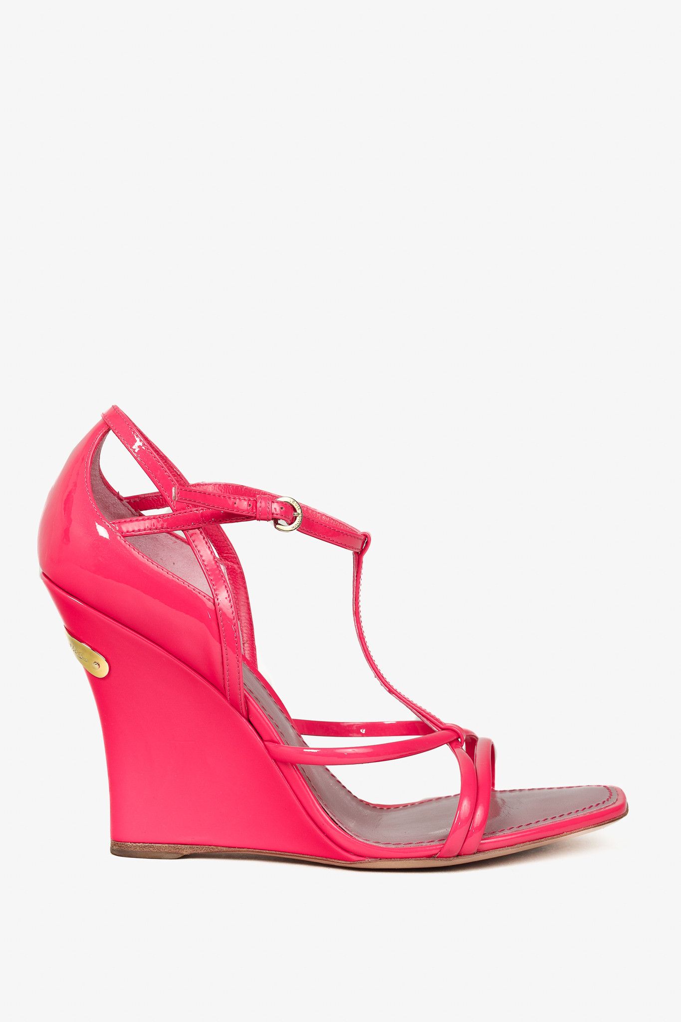Louis Vuitton Strawberry Patent T-Strap Wedge Sandals