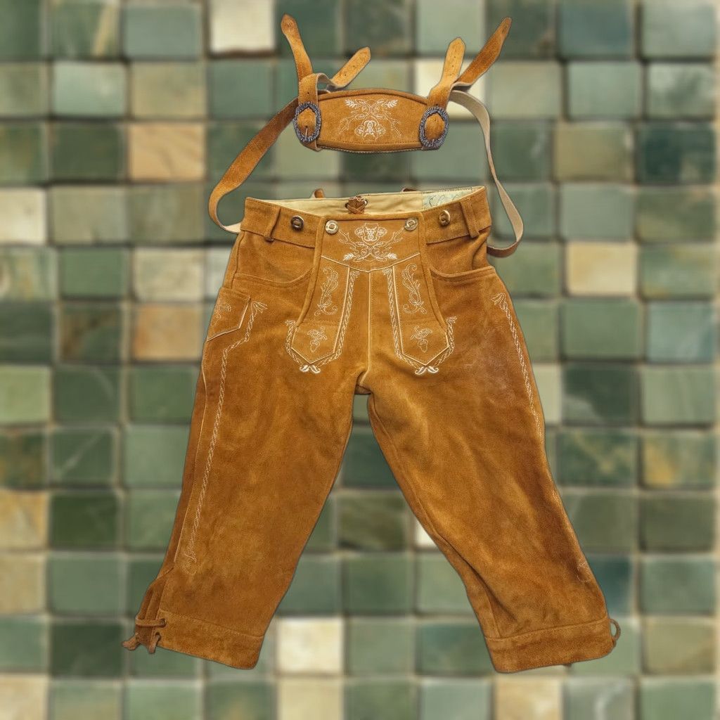VINTAGE Schoneberger Trachten Lederhosen Shorts 32 Brown Leather Suede Oktoberfest Mens