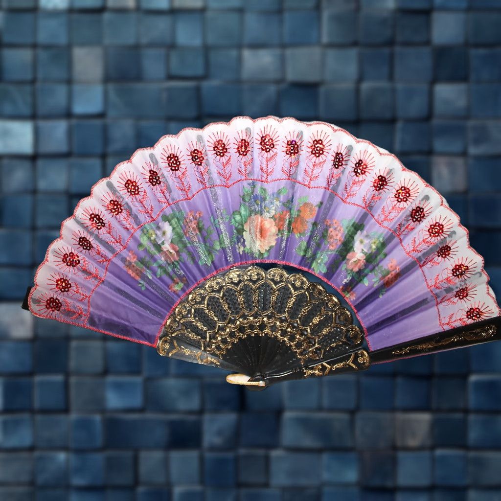 Vintage VINTAGE FAN Hand Fan Small with Flowers Sequins 16in WIDE 9in CLOSED 3811 Mens/Womens? Size ONE SIZE - 1 Thumbnail