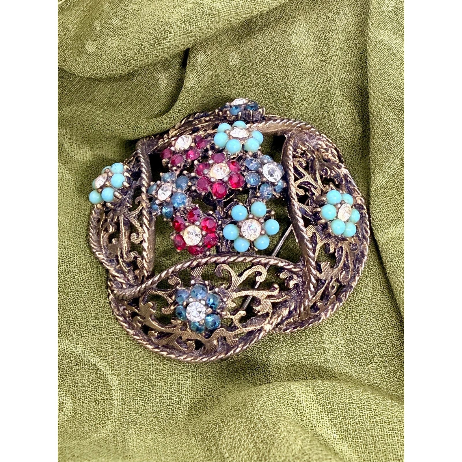 Vintage Vintage BSK Brooch 2.25” Aurora Borealis Rhinestone Floral Size ONE SIZE - 4 Thumbnail