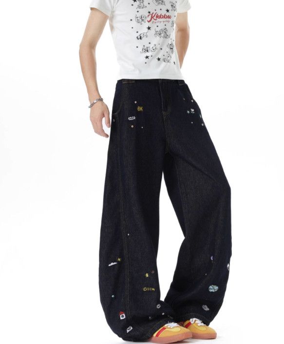 Japanese Brand Men's Retro Patchwork Denim Jeans with Cartoon Embroidery Size US 32 / EU 48 - 4 Thumbnail