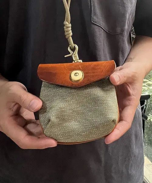 Genuine Leather × Japanese Brand Handmade Small Canvas Leather Coin Pouch Bag With Lanyard Size ONE SIZE - 1 Thumbnail